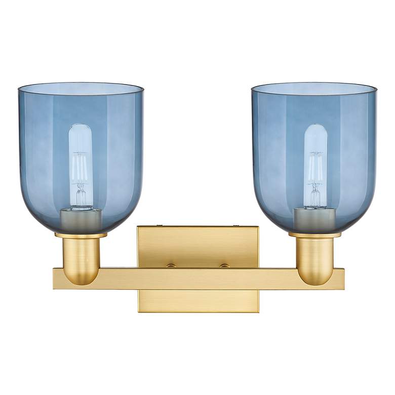 Image 2 Arcadia Bella 17" Wide 2 Light Satin Gold Vanity Light With Blue Shade more views