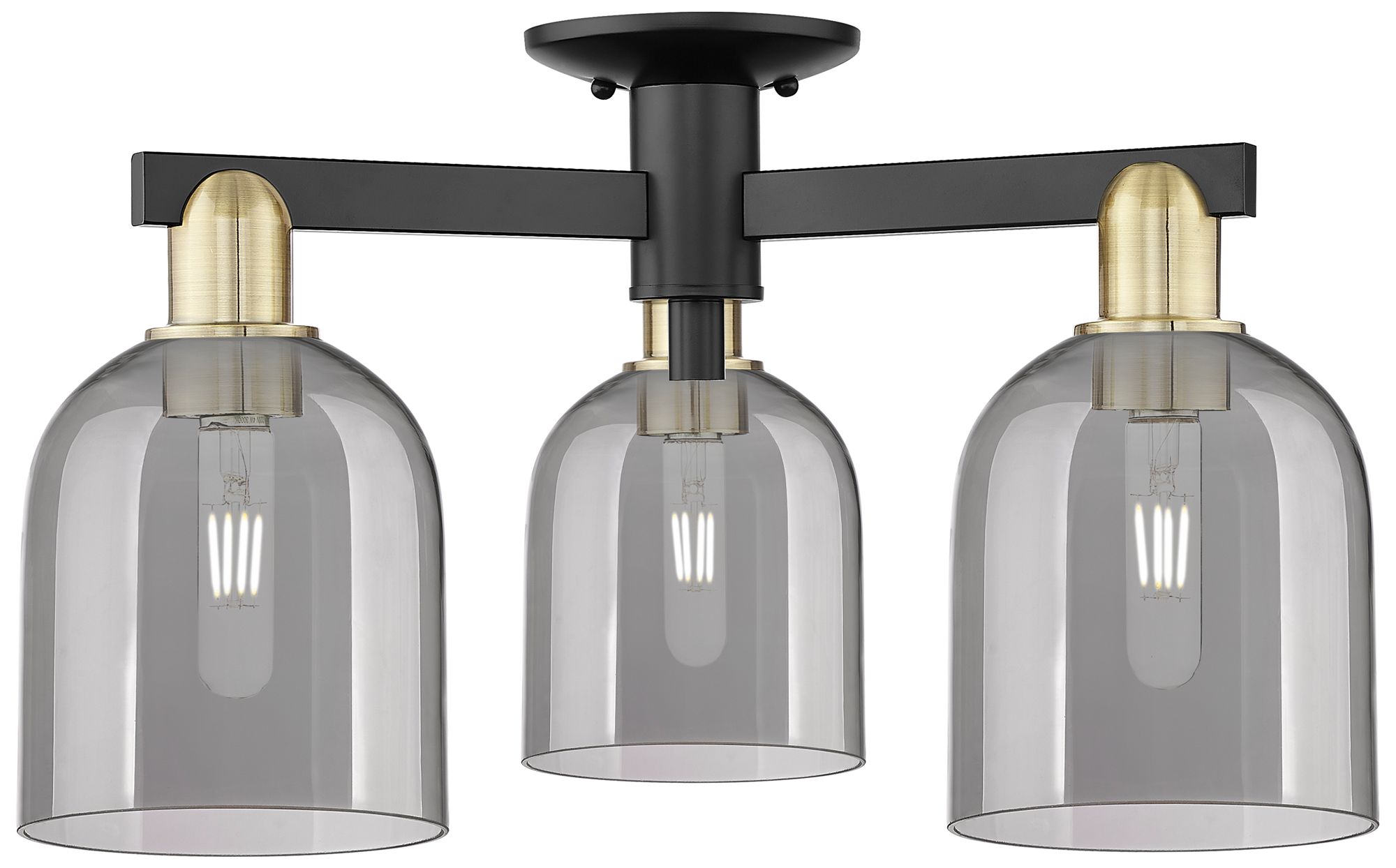 Arcadia Bella 23"W 3 Light Black Brass Semi-Flush w/ Light Smoke Shade