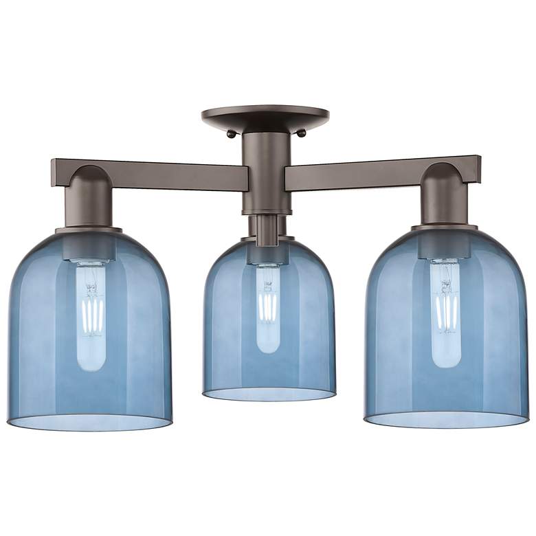Image 1 Arcadia Bella 23"W 3 Light Oiled Bronze Semi.Flush Mount w/ Blue Shade