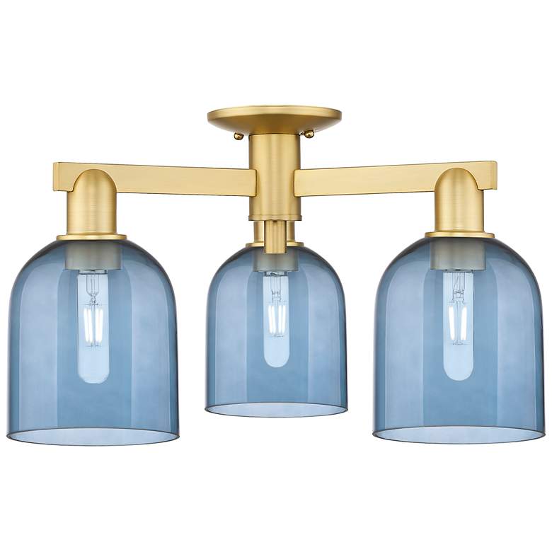 Image 1 Arcadia Bella 23"W 3 Light Satin Gold Semi.Flush Mount With Blue Shade