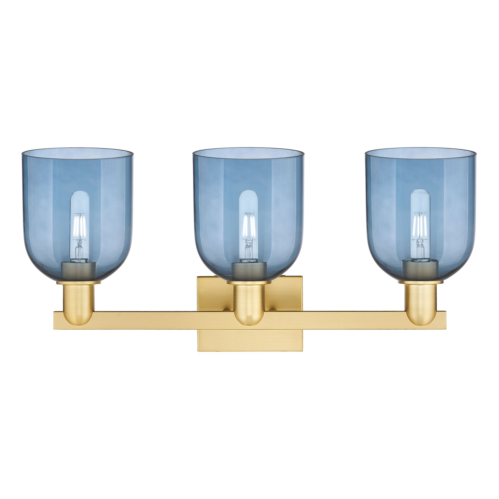 Image 2 Arcadia Bella 25" Wide 3 Light Satin Gold Vanity Light With Blue Shade more views