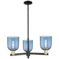 Arcadia Bella 27"W 3 Light Black Brass Stem Chandelier w/ Blue Shade