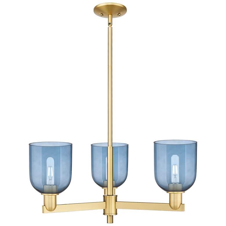 Image 1 Arcadia Bella 27"W 3 Light Gold Stem Hung Chandelier w/ Blue Shade