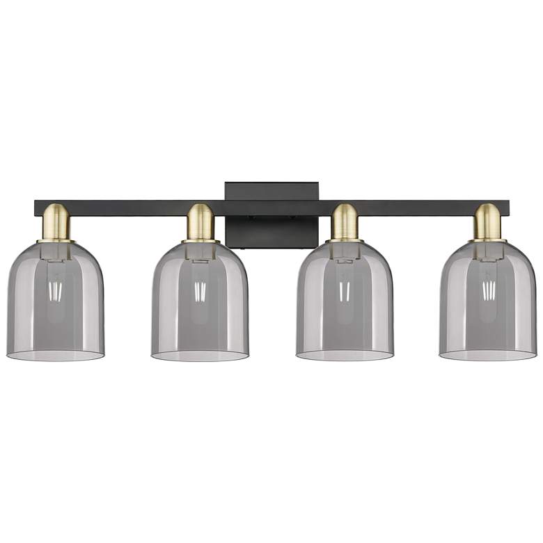 Image 1 Arcadia Bella 33"W 4 Light Black Brass Bath Light w/ Light Smoke Shade