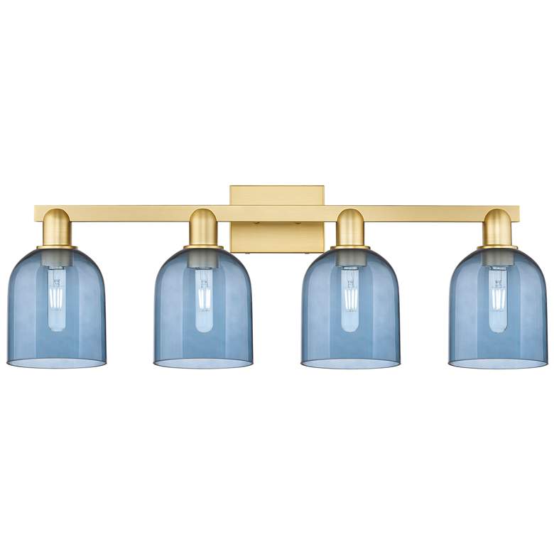 Image 1 Arcadia Bella 33" Wide 4 Light Satin Gold Vanity Light With Blue Shade
