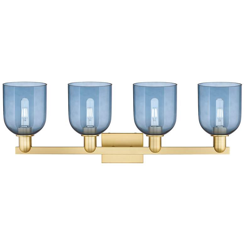Image 2 Arcadia Bella 33" Wide 4 Light Satin Gold Vanity Light With Blue Shade more views