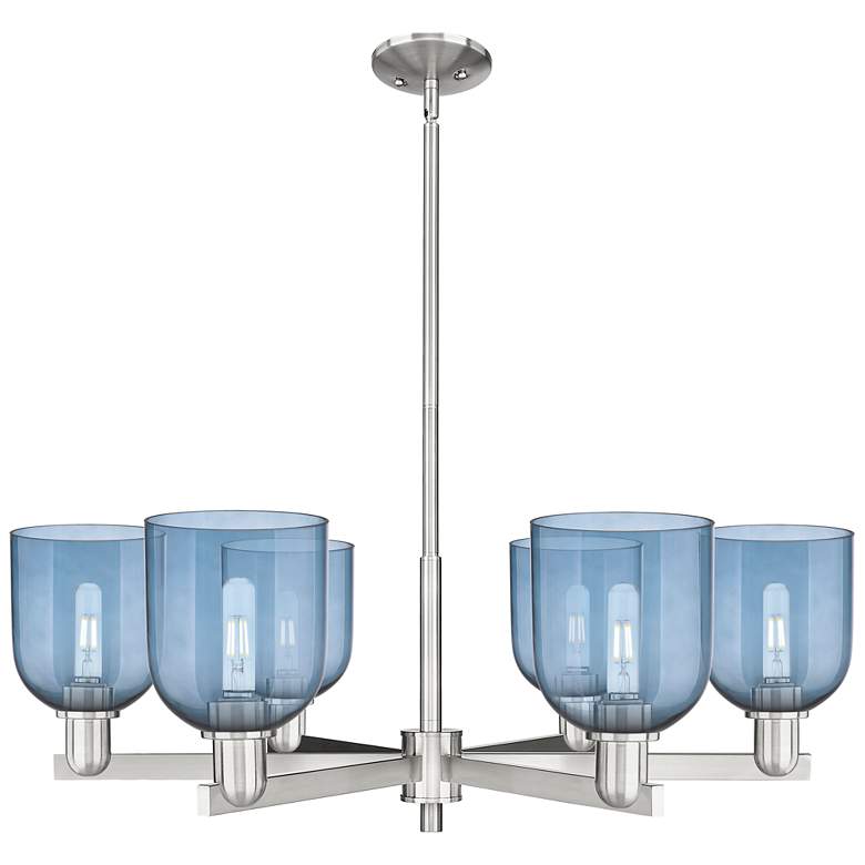 Image 1 Arcadia Bella 35"W 6 Light Satin Nickel Stem Chandelier w/ Blue Shade