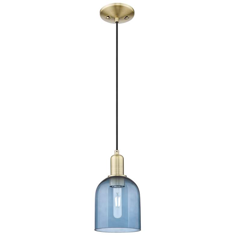 Image 1 Arcadia Bella 6"W Antique Brass Cord Hung Mini Pendant With Blue Shade