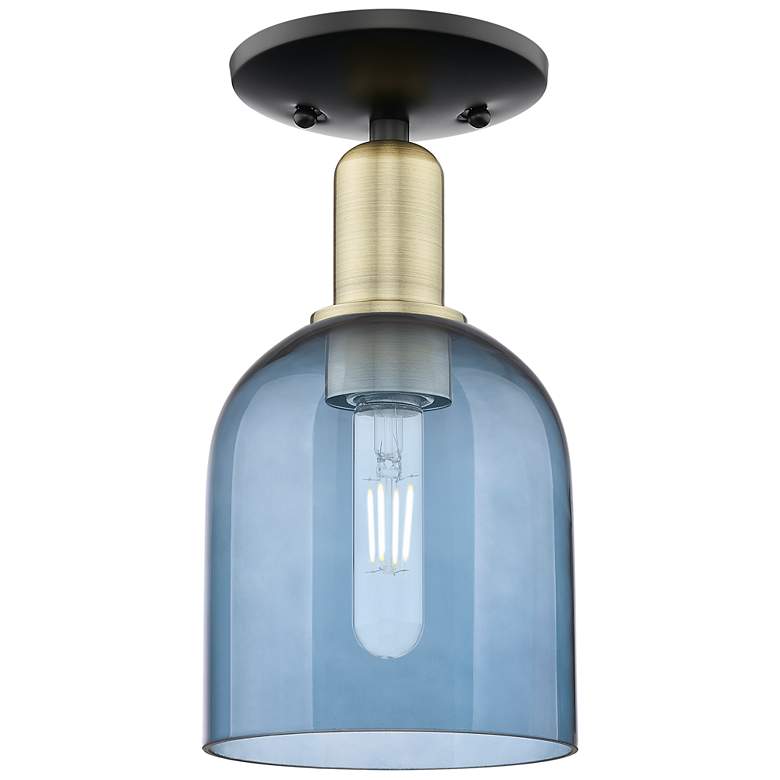 Image 1 Arcadia Bella 6"W Black Antique Brass Semi.Flush Mount With Blue Shade