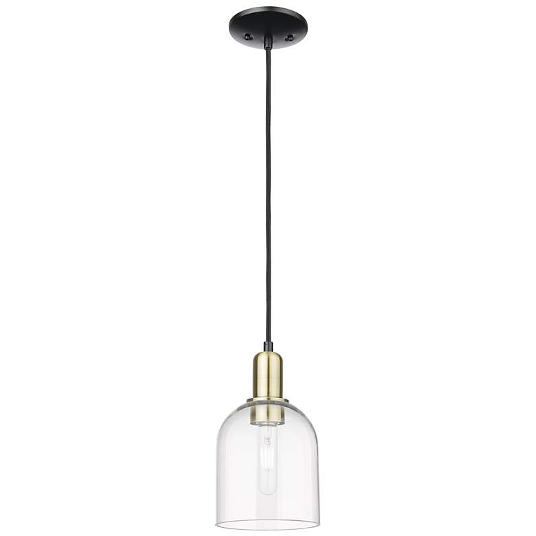 Image 1 Arcadia Bella 6"W Black Brass Cord Hung Mini Pendant w/ Clear Shade