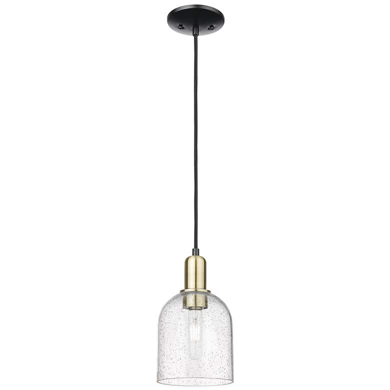 Image 1 Arcadia Bella 6"W Black Brass Cord Hung Mini Pendant w/ Seedy Shade