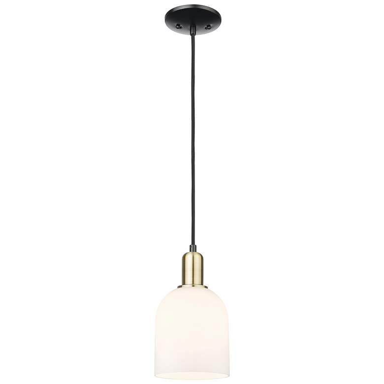 Image 1 Arcadia Bella 6"W Black Brass Cord Hung Mini Pendant w/ White Shade