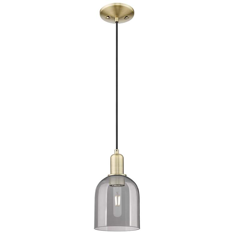 Image 1 Arcadia Bella 6"W Brass Cord Hung Mini Pendant With Light Smoke Shade