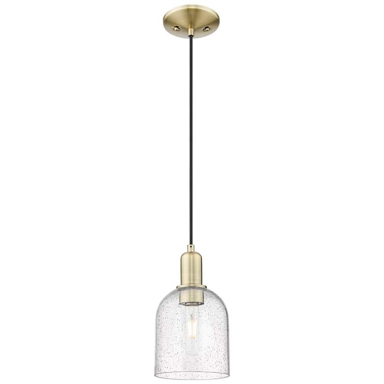Image 1 Arcadia Bella 6"W Brass Cord Hung Mini Pendant With Seedy Shade