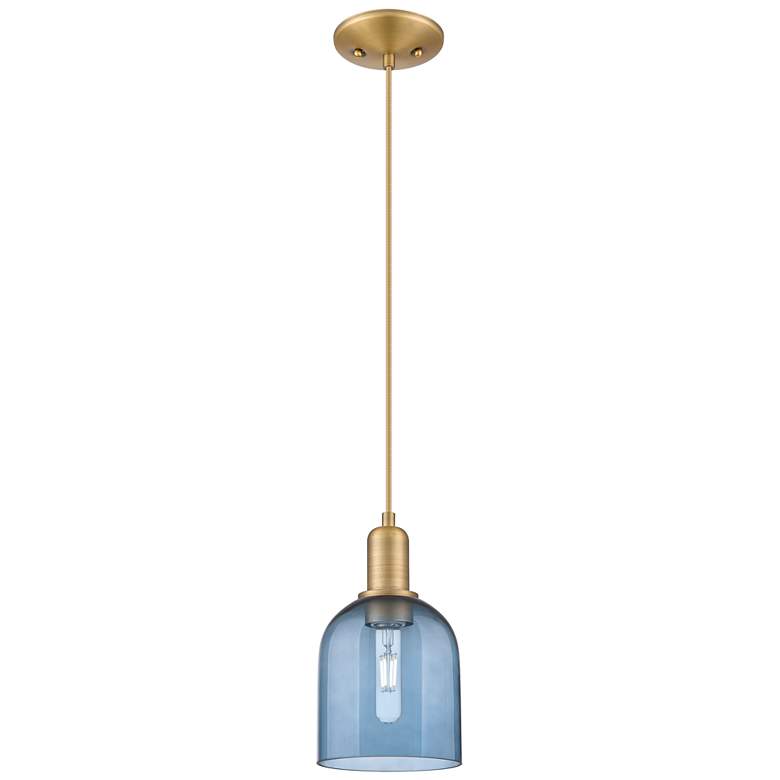 Image 1 Arcadia Bella 6"W Brushed Brass Cord Hung Mini Pendant With Blue Shade
