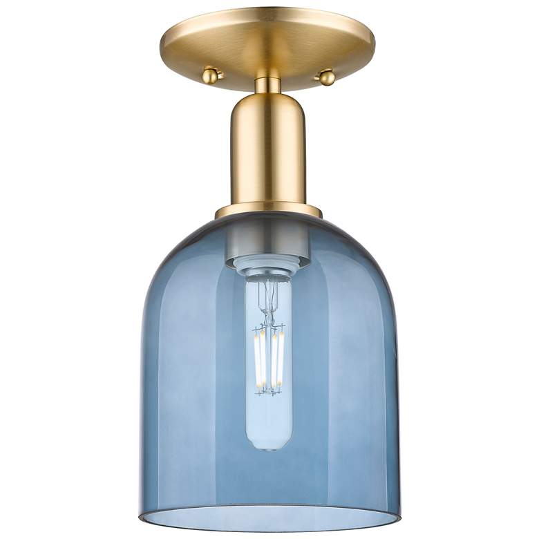Image 1 Arcadia Bella 6"W Champagne Bronze Semi.Flush Mount With Blue Shade