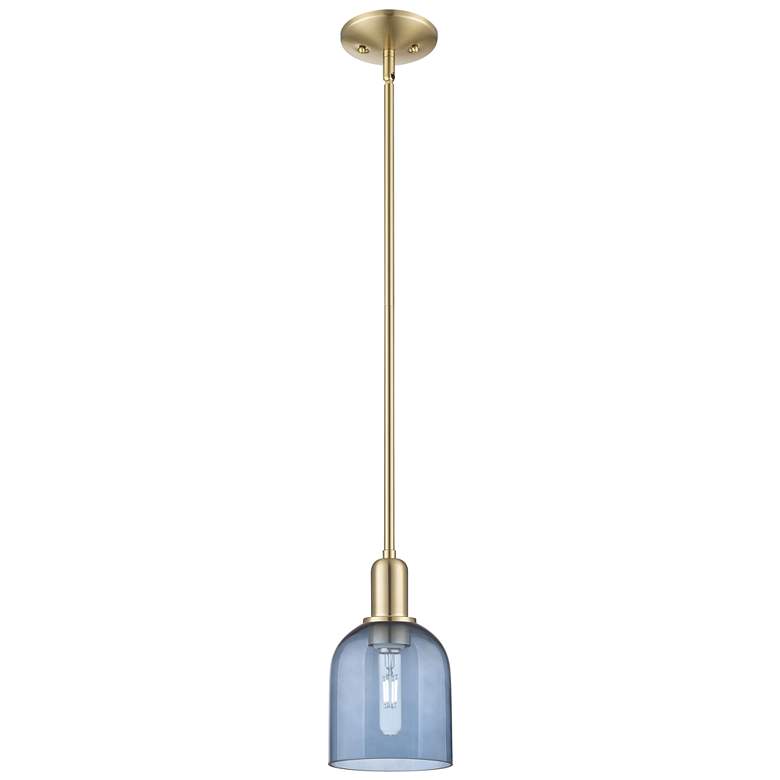 Image 1 Arcadia Bella 6"W Champagne Bronze Stem Mini Pendant w/ Blue Shade