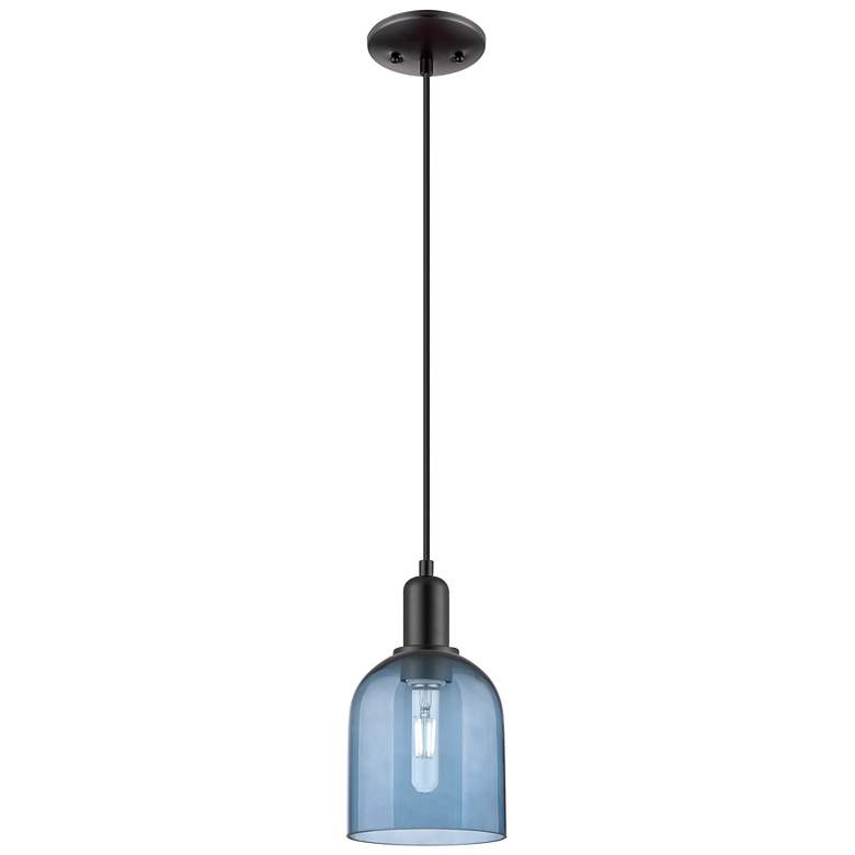 Image 1 Arcadia Bella 6"W Matte Black Cord Hung Mini Pendant With Blue Shade