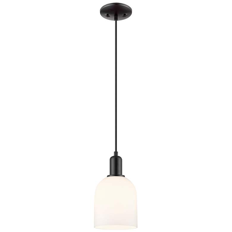 Image 1 Arcadia Bella 6"W Matte Black Cord Hung Mini Pendant With White Shade