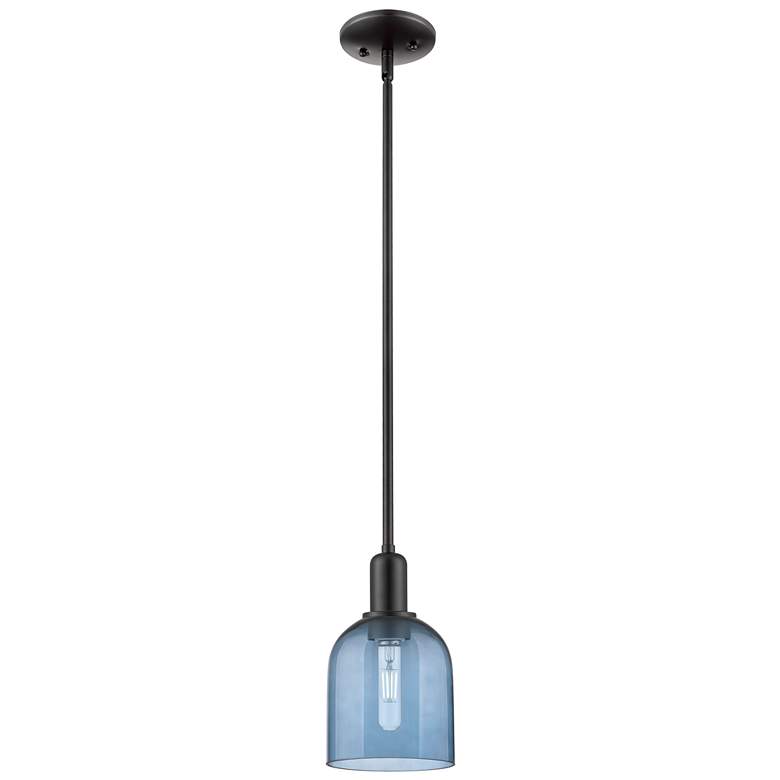 Image 1 Arcadia Bella 6"W Matte Black Stem Hung Mini Pendant With Blue Shade