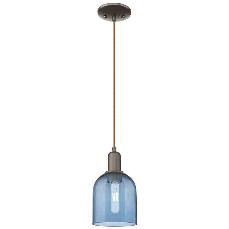 Image 1 Arcadia Bella 6"W Oiled Bronze Cord Hung Mini Pendant w/ Blue Shade