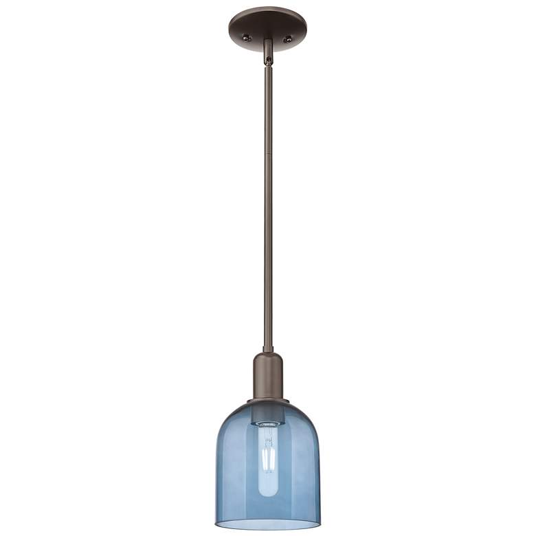 Image 1 Arcadia Bella 6"W Oiled Bronze Stem Hung Mini Pendant w/ Blue Shade