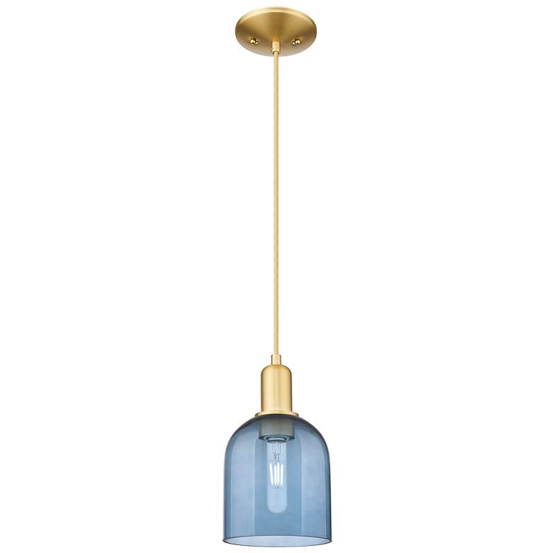 Image 1 Arcadia Bella 6"W Satin Gold Cord Hung Mini Pendant With Blue Shade