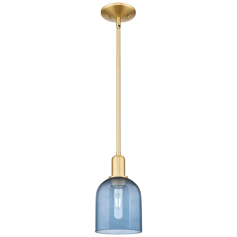 Image 1 Arcadia Bella 6"W Satin Gold Stem Hung Mini Pendant With Blue Shade