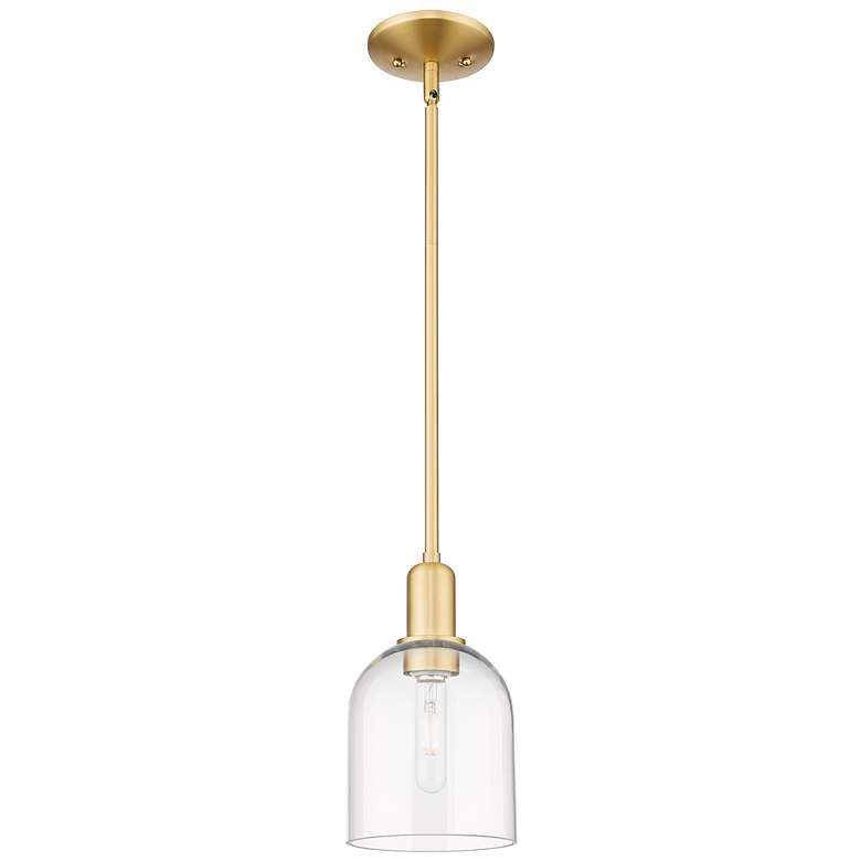 Image 1 Arcadia Bella 6"W Satin Gold Stem Hung Mini Pendant With Clear Shade