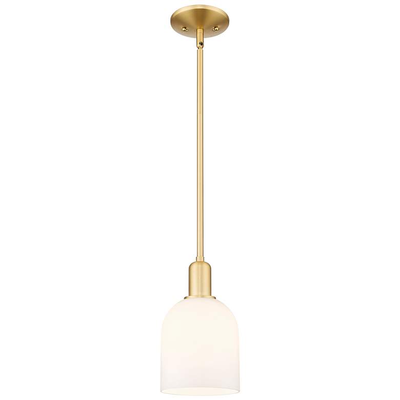 Image 1 Arcadia Bella 6"W Satin Gold Stem Hung Mini Pendant With White Shade