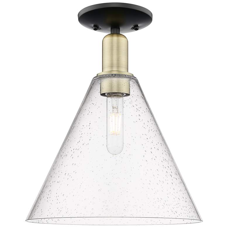 Image 1 Arcadia Berkshire Glass 12"W Black Brass Semi-Flush w/ Seedy Shade