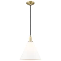Arcadia Berkshire Glass 12"W Brass Cord Pendant w/ Matte White Shade