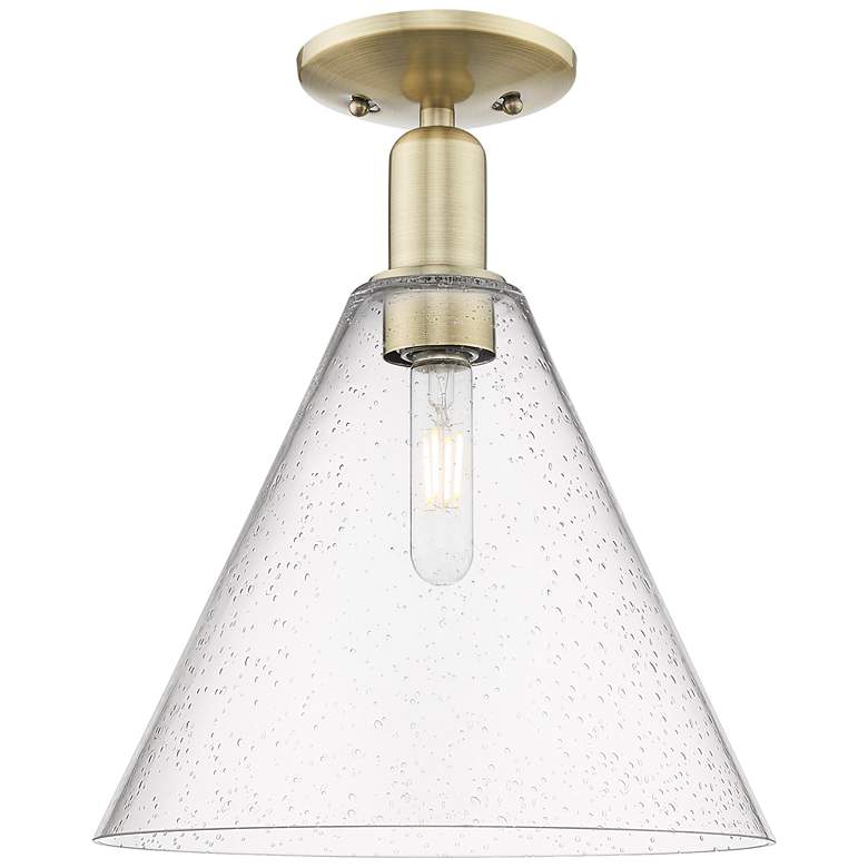 Image 1 Arcadia Berkshire Glass 12"W Brass Semi.Flush Mount With Seedy Shade