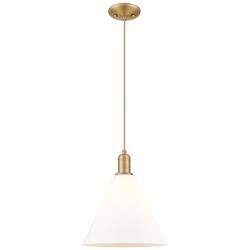 Arcadia Berkshire Glass 12"W Brushed Brass Cord Pendant w/ White Shade