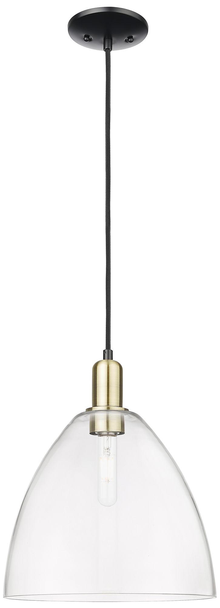 Arcadia Bristol 12"W Black Brass Cord Hung Mini Pendant w/ Clear Shade