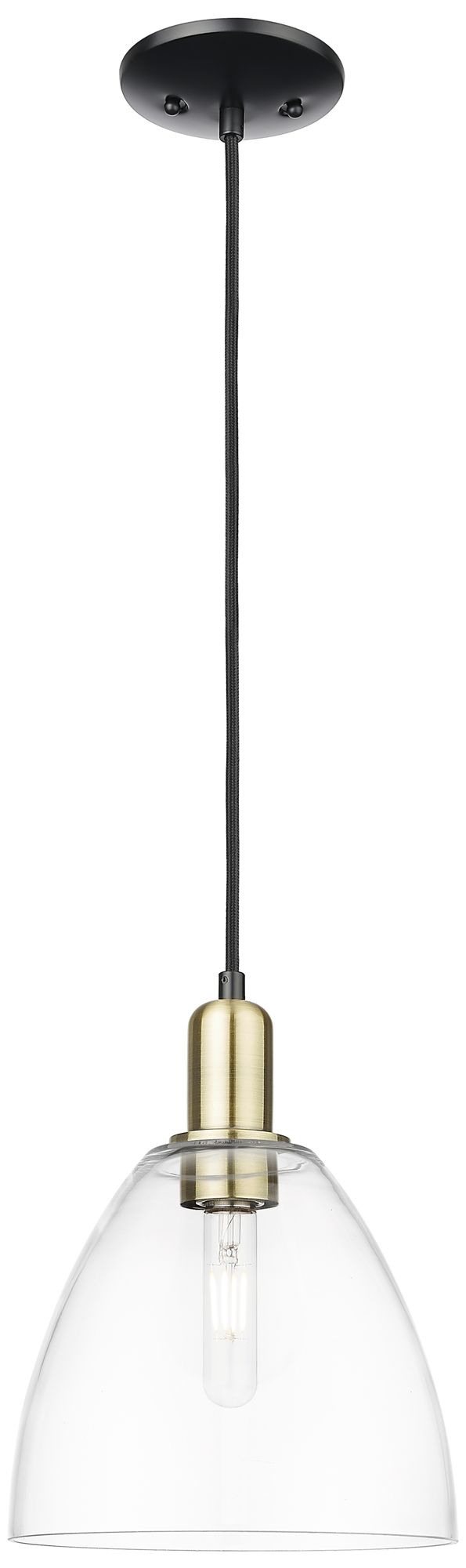 Arcadia Bristol 9"W Black Brass Cord Hung Mini Pendant w/ Clear Shade