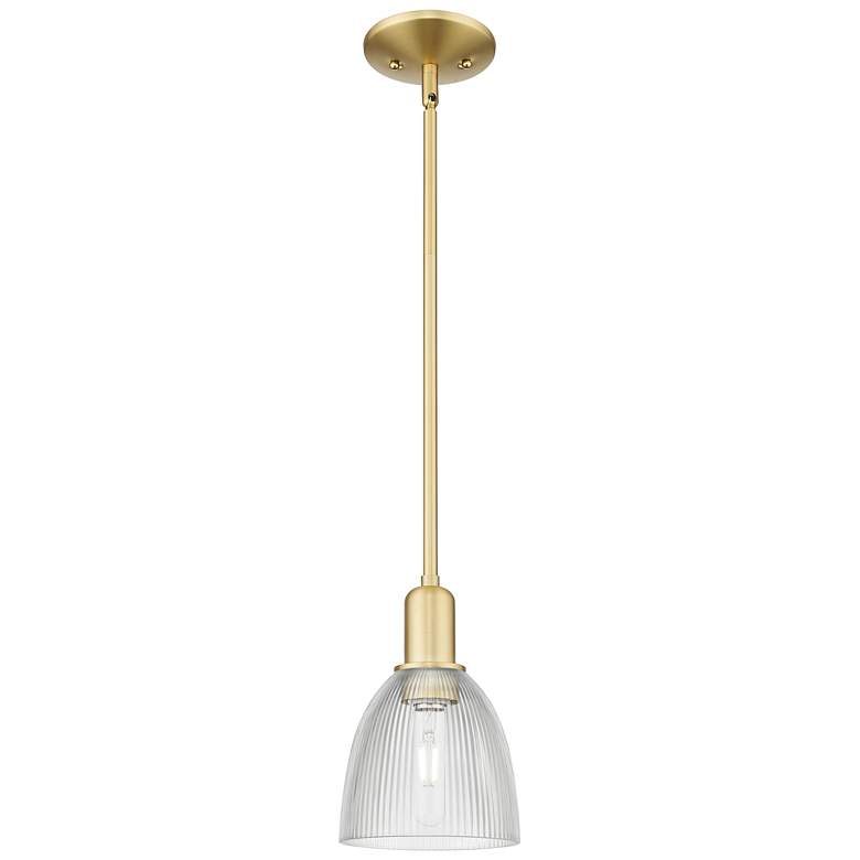 Image 1 Arcadia Castile 6"W Satin Gold Stem Hung Mini Pendant With Clear Shade