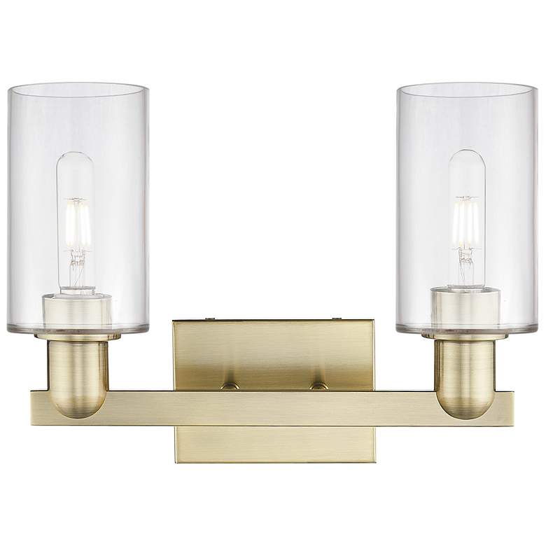 Image 2 Arcadia Clymer 15"W 2 Light Antique Brass Bath Light With Clear Shade more views