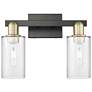 1_Arcadia Clymer 15"W 2 Light Black And Brass Bath Light w/ Clear Shade