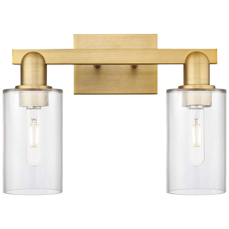 Image 1 Arcadia Clymer 15"W 2 Light Brushed Brass Bath Light With Clear Shade