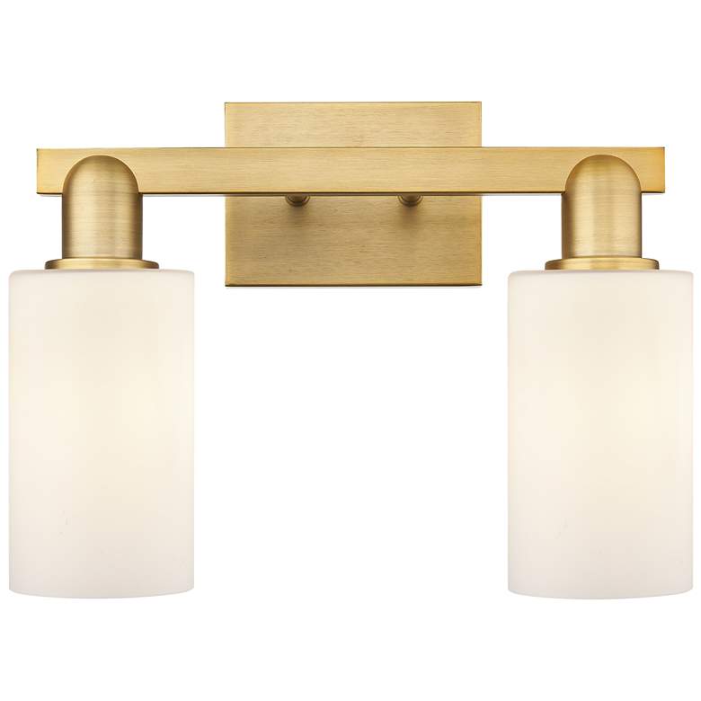 Image 1 Arcadia Clymer 15"W 2-Lt Brushed Brass Bath Light w/ Matte White Shade