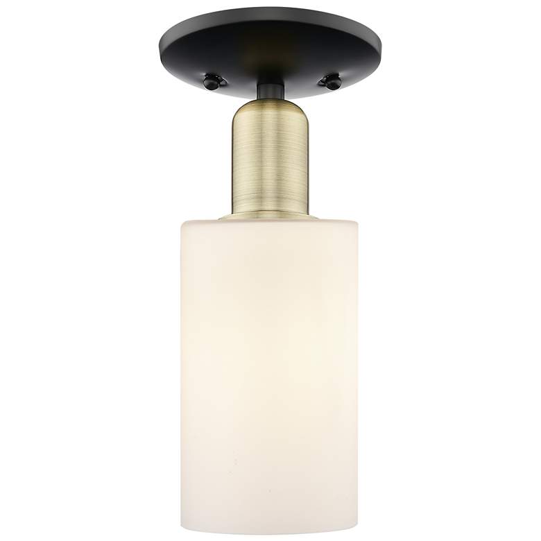 Image 1 Arcadia Clymer 4"W Black Brass Semi.Flush Mount w/ Matte White Shade