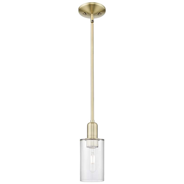 Image 1 Arcadia Clymer 4"W Brass Stem Hung Mini Pendant With Clear Shade