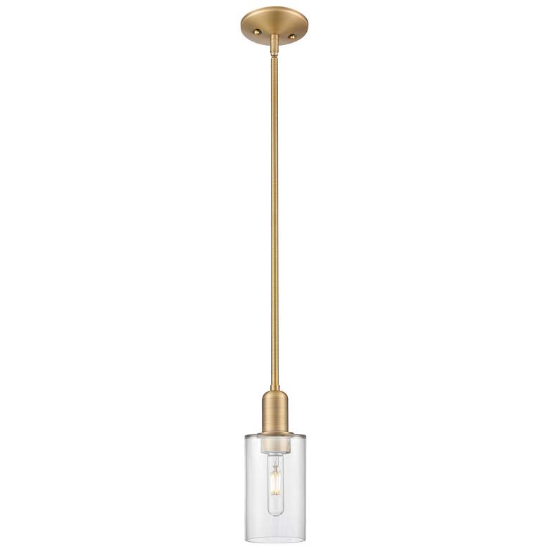 Image 1 Arcadia Clymer 4"W Brushed Brass Stem Hung Mini Pendant w/ Clear Shade
