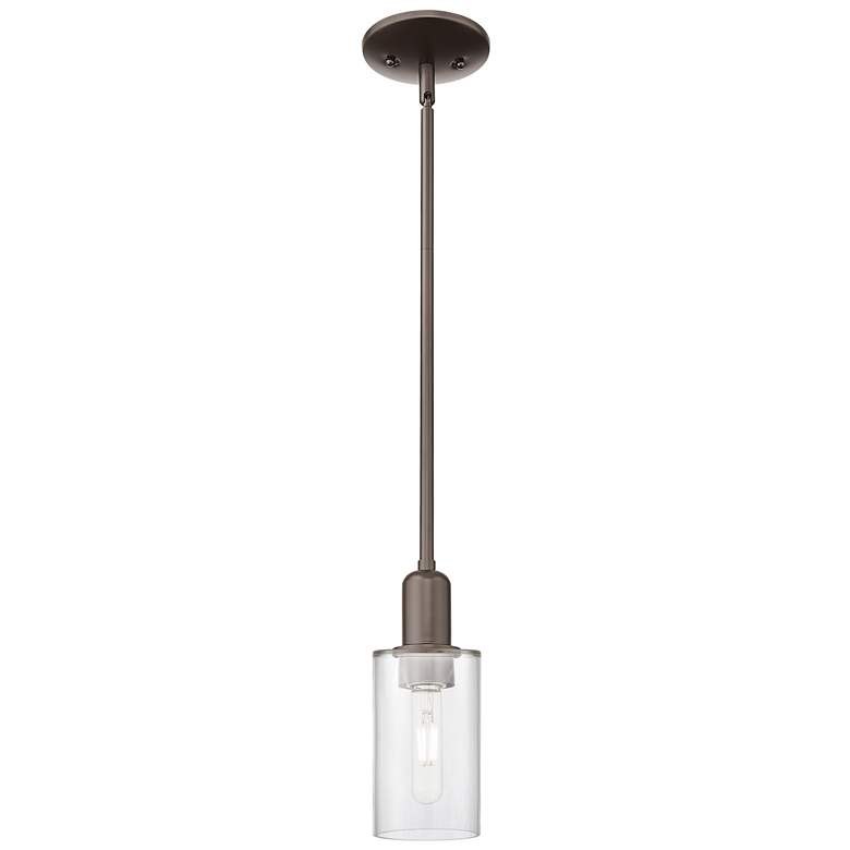 Image 1 Arcadia Clymer 4"W Oiled Bronze Stem Hung Mini Pendant w/ Clear Shade