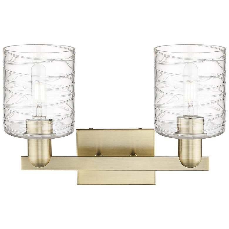 Image 2 Arcadia Cobbleskill 16"W 2 Light Brass Bath Light w/ Deco Swirl Shade more views