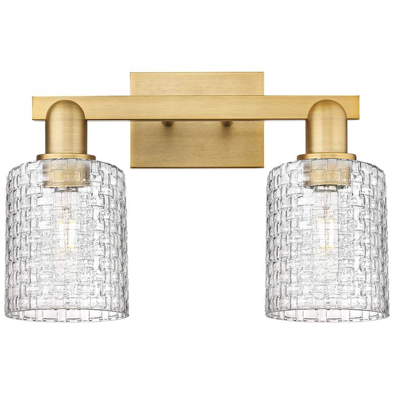 Image 1 Arcadia Cobbleskill 16"W 2-Lt Brushed Brass Vanity w/ Basketweave Shade