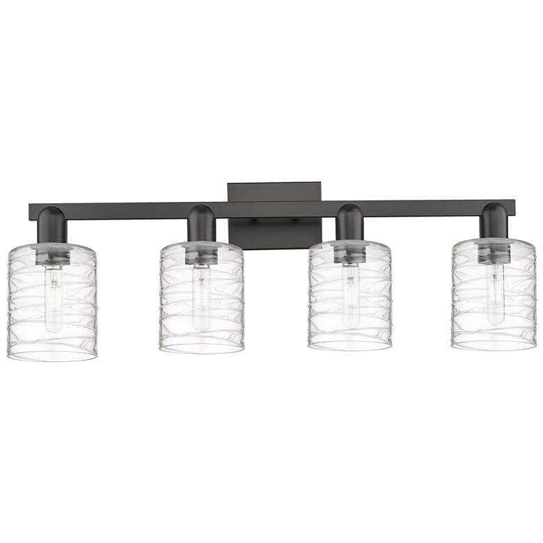 Image 1 Arcadia Cobbleskill 32"W 4 Light Black Bath Light w/ Deco Swirl Shade