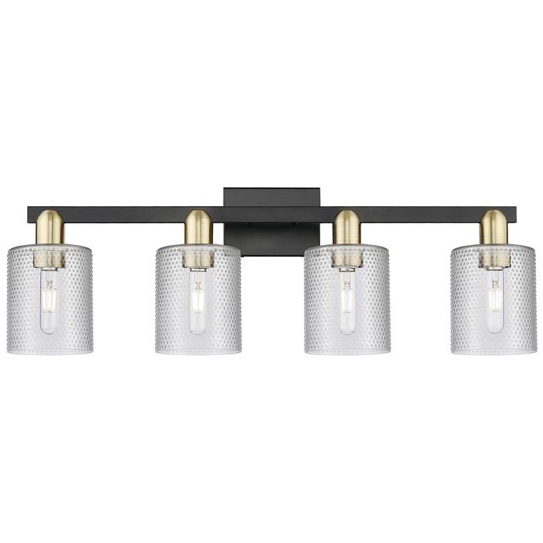 Image 1 Arcadia Cobbleskill 32"W 4 Light Black Brass Bath Light w/ Clear Shade