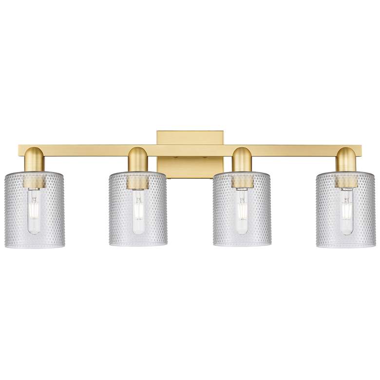 Image 1 Arcadia Cobbleskill 32"W 4 Light Satin Gold Bath Light w/ Clear Shade